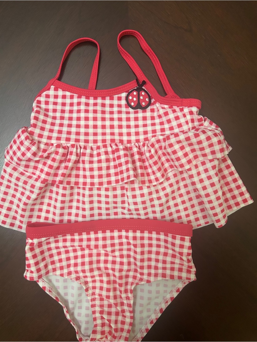 Koala Kids Pink Gingham Ladybug Tankini Swimsuit 6-9 Months Ruffle 2Pc